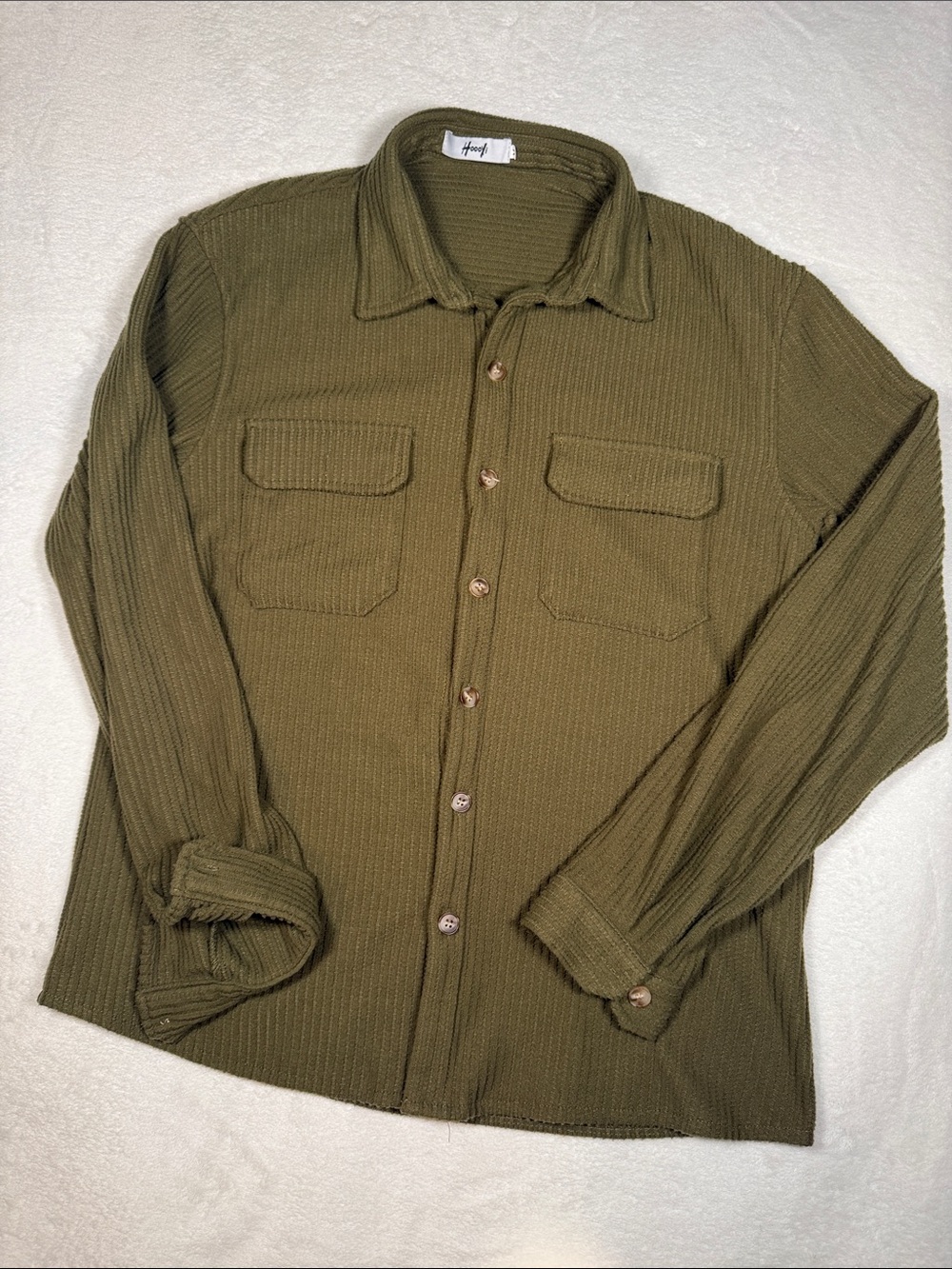 Hoooyi Olive Green Ribbed Button-Up Shirt Shacket